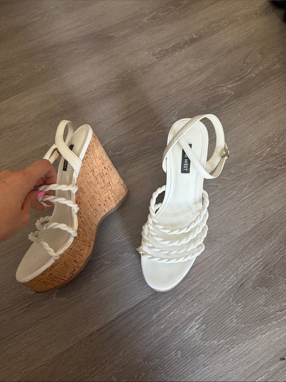 Nine West White Braided Cork Wedge Sandals